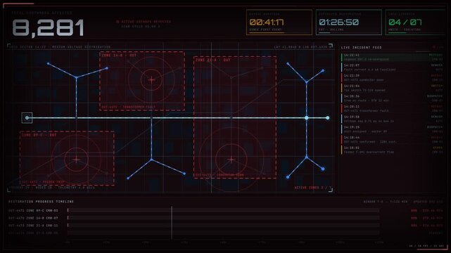 A 4K emergency-response dashboard showcasing a power outage detection system with real-time updates, animated maps, and a cinematic dark mode interface.