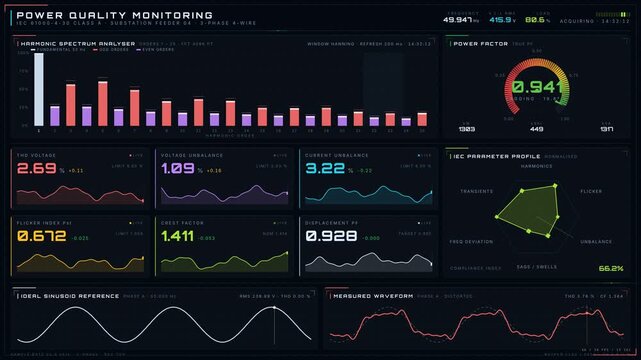 Explore a sophisticated 4K dark-mode power quality monitoring dashboard featuring harmonic spectrum analysis, dynamic KPI tiles, and a smooth gradient power factor gauge.