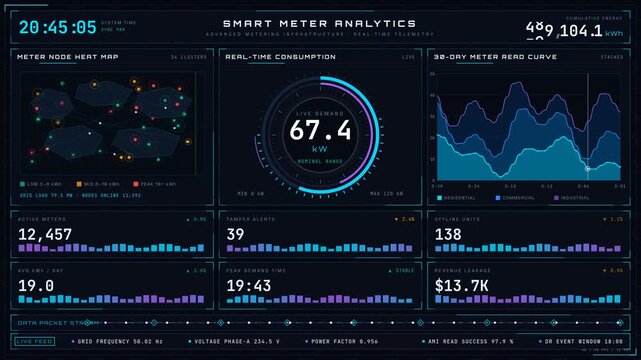 Explore a photorealistic 4K smart meter analytics dashboard featuring an asymmetric layout with vibrant neon elements and real-time data visualizations against a dark background.
