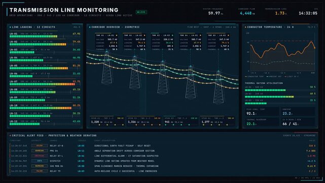 Cinematic 4K dark transmission line monitoring dashboard featuring animated power lines, voltage data callouts, and interactive charts illustrating circuit loading and temperature trends.