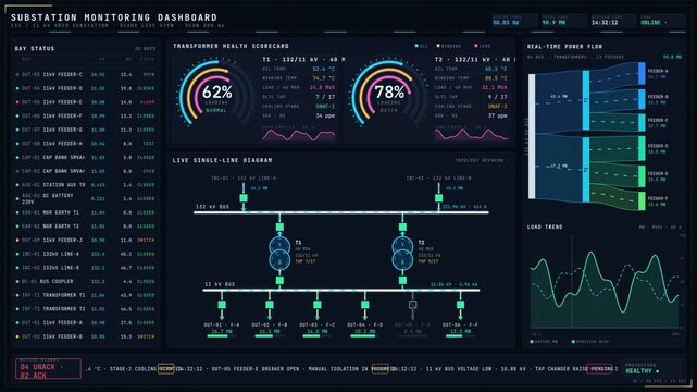 Explore a high-tech 4K substation monitoring dashboard featuring animated diagrams, glowing indicators, and real-time data visualizations in a sleek dark mode design.