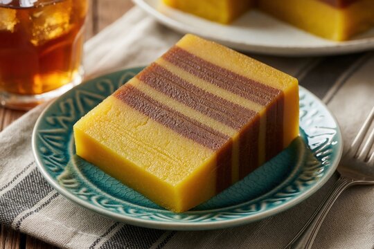 Close up of Indonesian lapis surabaya cake slice on blue plate. Yellow, brown sponge layers dessert served with iced tea. Traditional bakery food for sweet snack breakfast tea time at home. Tasty