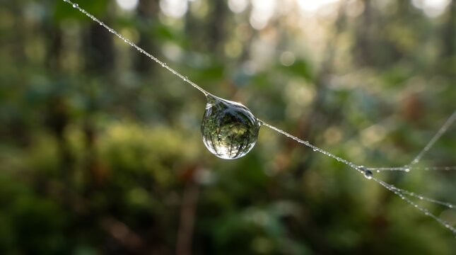 A single water droplet clings to a spiderweb. It reflects the surrounding forest like a tiny lens.
