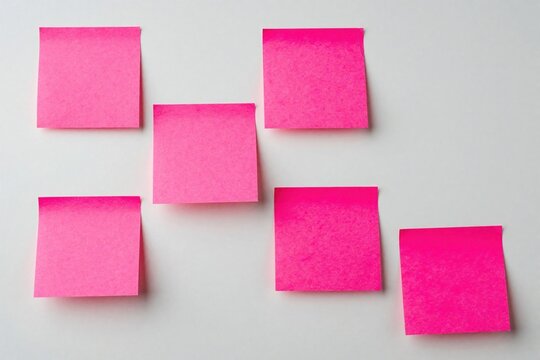 Six pink sticky notes on white background. Colorful memo paper stickers arranged randomly on wall for reminders. Square post notes help organize tasks, manage to list, write important message at home