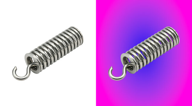 A coiled stainless steel tension spring with hook ends, shown in an angled perspective, isolated on a white background, metallic texture and shine