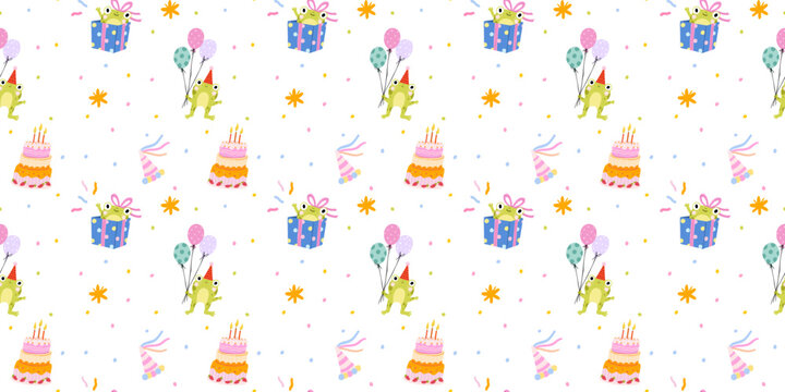 Cute frog birthday seamless pattern with gift box, balloons, party hat, cake and confetti. Flat vector repeating graphics