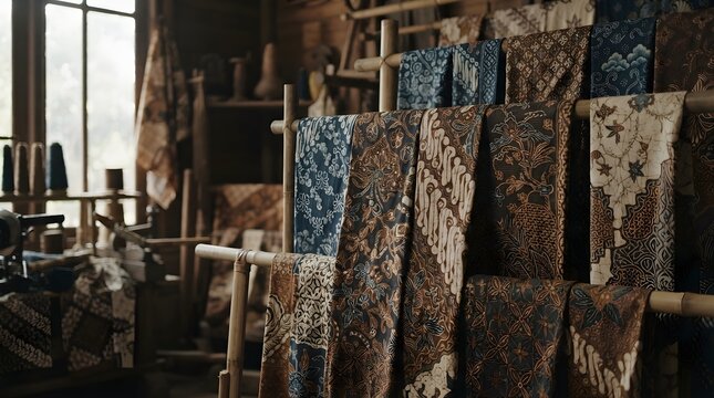 Textiles hang on wooden racks. Traditional patterns adorn the fabrics.