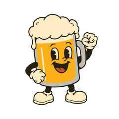 Fototapeta premium Beer Mug Mascot Raising a Fist with Cheerful Expression, Pub and Beverage Celebration Concept