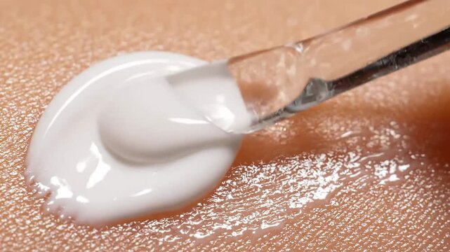 Close up video of white hydrating cream or lotion being gently spread onto healthy human skin with a clear applicator, showing a beauty treatment for nourishment and smoothness