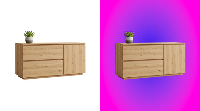 A light wood sideboard or cabinet with two drawers and a cupboard door, topped with a small potted plant, isolated on a white background