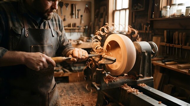 A craftsman turns wood on a lathe. Swirling shavings fill the air around him.