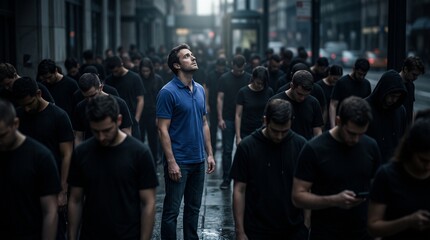 Obraz premium Mysterious lone man standing among a crowd in dimly lit urban alleyway