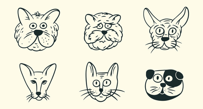 Vector set of hand drawn cute funny cat faces and breeds. Hand-drawn doodle style feline portraits with different emotions isolated on light background.