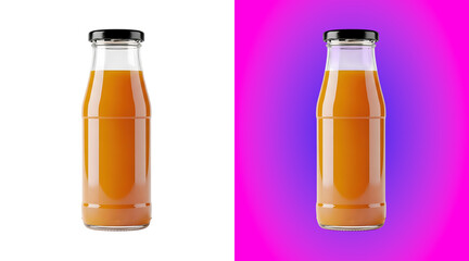 A single glass bottle filled with orange juice, featuring a black screw cap, isolated on a white background, for product use © jk
