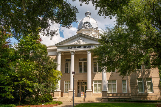 Cleveland County Courthouse Clock Tower Framed by Trees in Shelby North Carolina