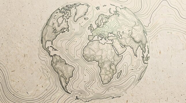 Vintage world map illustration on textured parchment paper. Antique globe sketch with topographic contour lines. Retro earth atlas for travel and history.