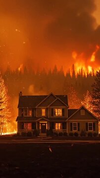 A large residential house stands dangerously close to an intense wildfire