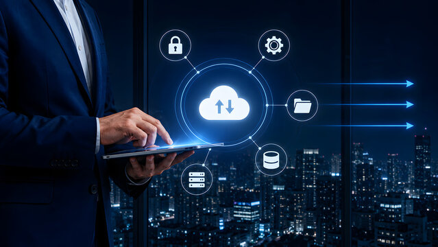 Businessman using tablet with cloud computing network interface