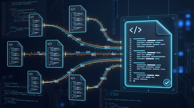 Automated source code integration concept displaying digital script files merging into final compiled software release.