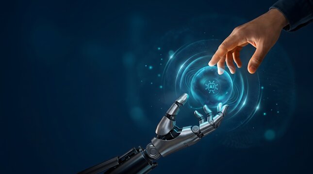 Human hand and robot arm interact with AI sphere