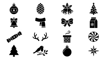 Fototapeta premium Set of black Christmas holiday icons featuring ornaments, pine tree, bells, candy, and winter symbols for festive seasonal graphic design projects and digital web elements on transparent background