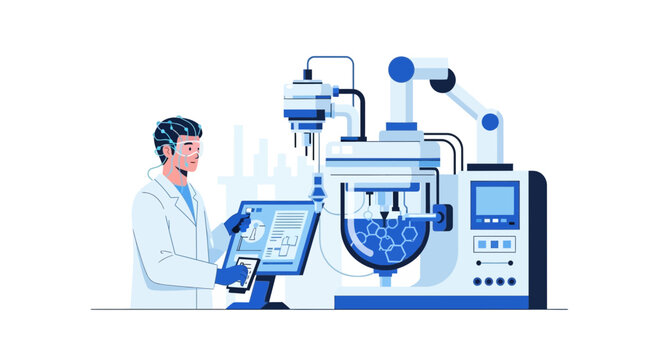 Scientist with BCI Headset Operating Advanced Biotech Laboratory Equipment for Pharmaceutical Research and Molecular Engineering