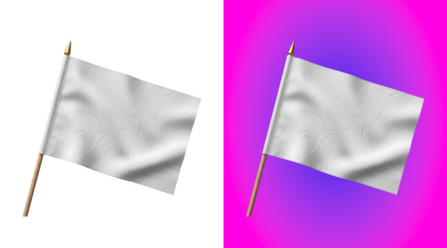Small white fabric flag on a wooden pole, isolated on a white background, for branding, protest, or decorative event, display mockups