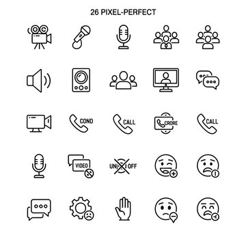 Pixel perfect line icons set of communication, video call, microphone, and social media symbols and signs