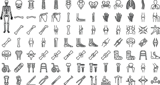 Human skeletal anatomy and orthopedic medical icon collection featuring bones, joints, implants, prosthetics, mobility aids, surgical tools, and rehabilitation