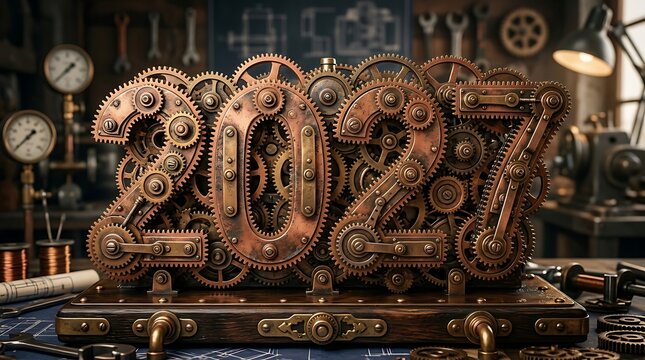 Steampunk 2027 new year concept, mechanical bronze gears and cogs forming numbers, industrial vintage workshop background
