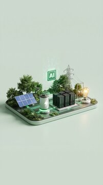 Sustainable AI and Green Energy Smart Grid Concept with Solar Panel Battery and Servers in Isometric 3D