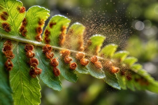 Macro view of mature sori releasing spores from the underside of a fern frond, illustrating spore reproduction in plants.
