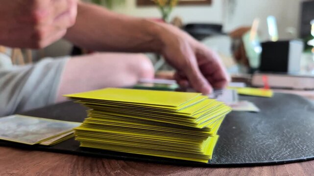 Hands organizing collectible trading cards for tabletop gaming and card collection, sorting a colorful deck on a table for a hobby, strategy game and entertainment activity