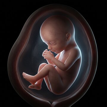 Fetus curled in womb with hands near face in dark amniotic environment showing prenatal development