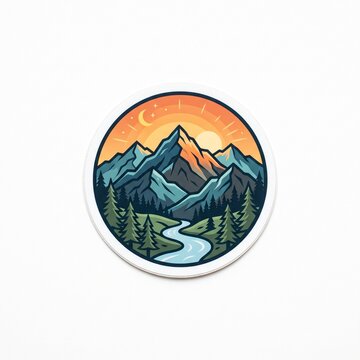 Round mountain landscape sticker with scenic wilderness forest river sun and crescent moon outdoor adventure illustration