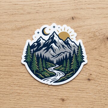 Mountain Landscape Sticker with Pine Forest River Sun and Moon Vector Illustration