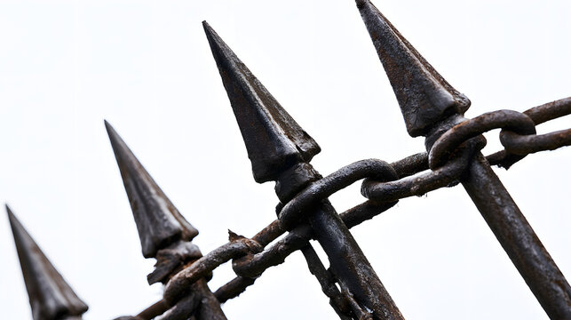 Gritty and weathered black iron fence with spiked tops, sharp focus on rusty metal texture