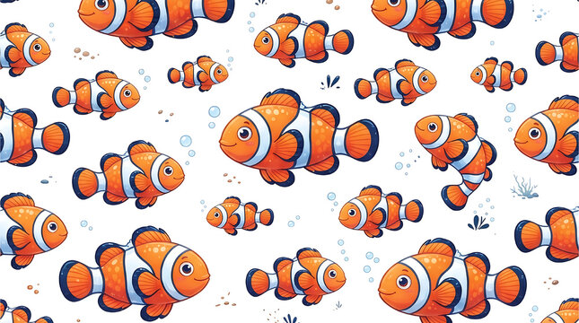 Seamless vector pattern of cute orange clownfish swimming with water bubbles on white background