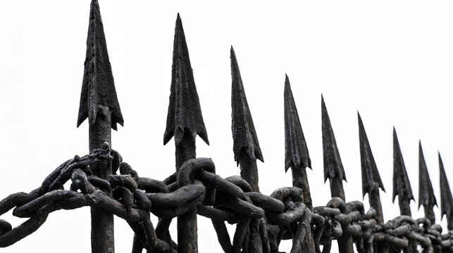 Gritty and weathered black iron fence with spiked tops, sharp focus on rusty metal texture