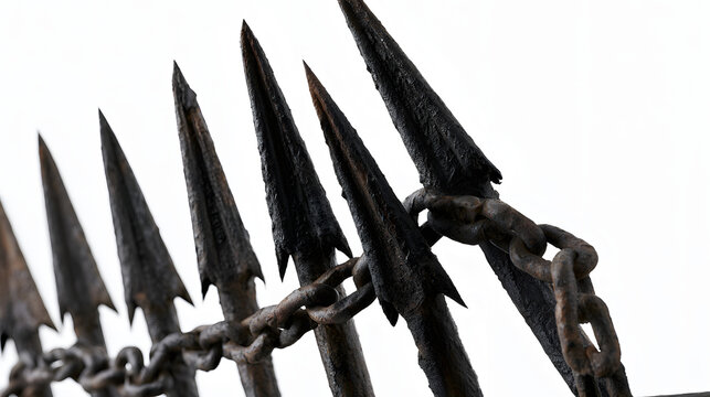 Gritty and weathered black iron fence with spiked tops, sharp focus on rusty metal texture