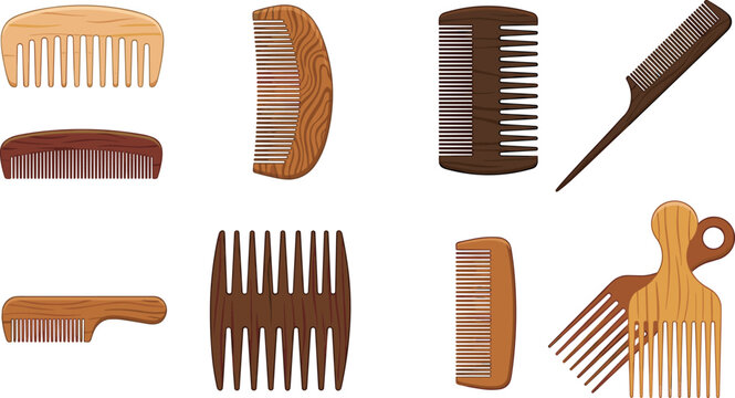 Wooden Hair Comb Vector Set Featuring Wide Tooth Detangling Combs Fine Tooth Pocket Brushes Afro Picks and Tail Comb Barber Salon Styling Tools