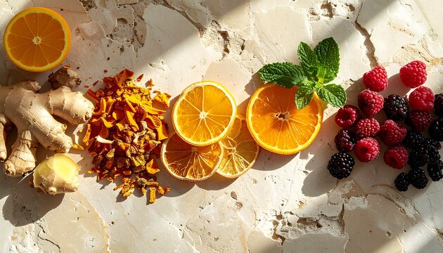 Fresh Ginger Root with Turmeric Slices and Citrus Fruits on Marble Surface