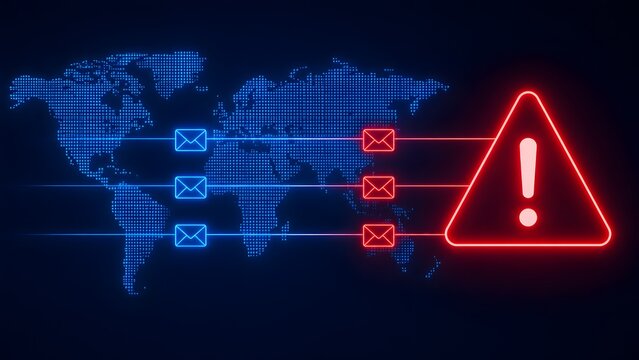 Cybersecurity threat alert concept with red warning triangle and digital email icons over global map