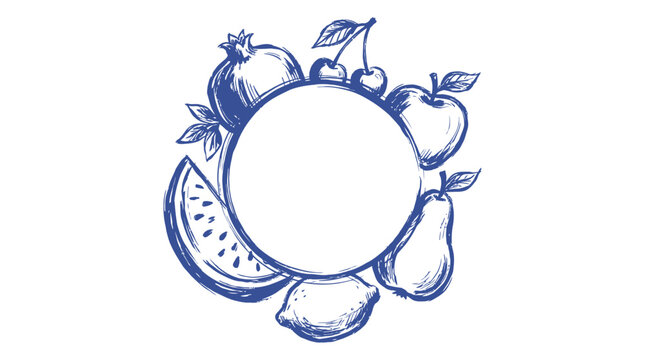 Circular frame made of hand drawn organic fruits like apple cherry pomegranate watermelon lemon and pear sketch design