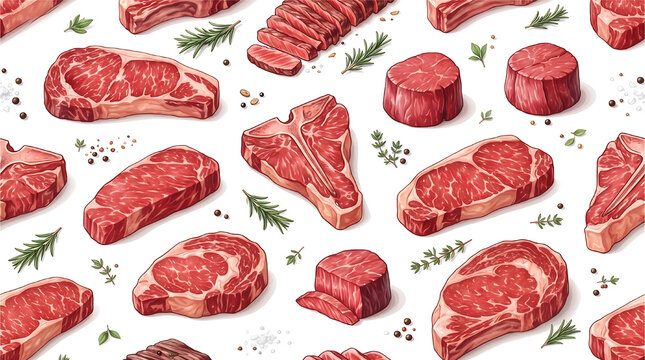 Seamless vector pattern of raw beef steak cuts ribeye t-bone filet mignon with herbs on white background