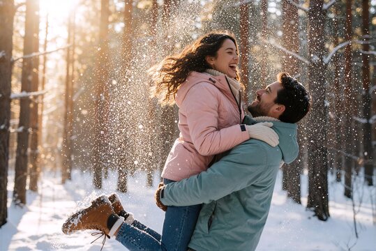 Happy Couple Embracing in Snowy Winter Forest