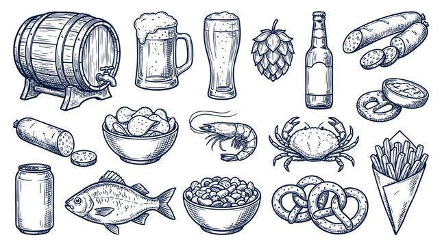 Set of hand drawn beer and pub food snack illustrations including barrel glass bottle hop fish crab and pretzel snacks