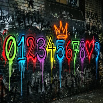 Vibrant Graffiti Numbers 0-9 with Crown Design on Urban Wall Background