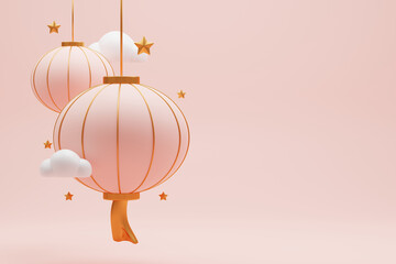 Fototapeta premium Chinese Lanterns Hanging on Wall with Decorative Lanterns, Festive Holiday Decoration, Orange Autumn and Fall Celebration Vector Illustration for Greeting Card Design