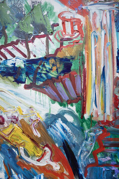 Atlantis drowning tragedy. Historical architecture, column, stairway, idol sculpture, destruction. Expressive original painting art.